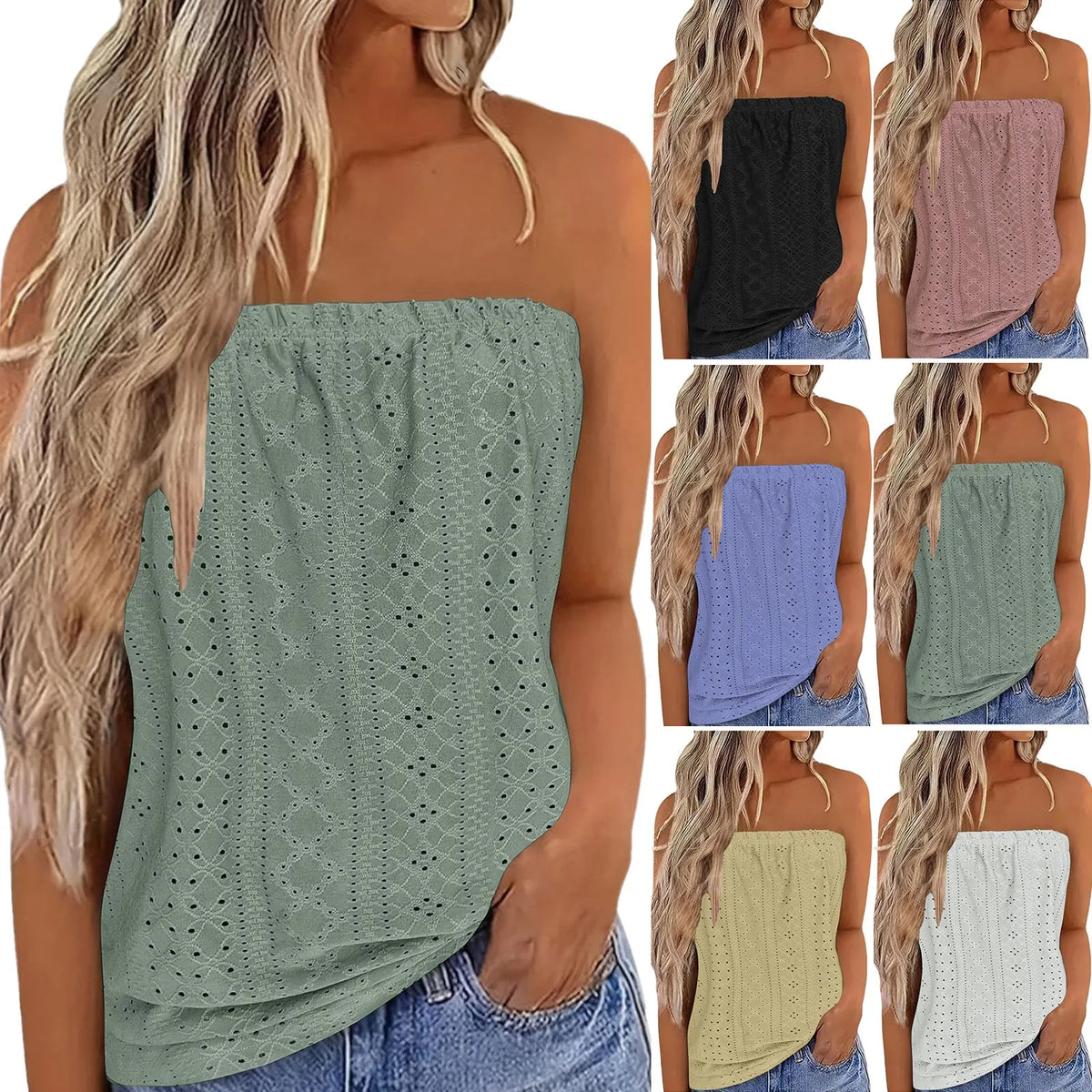 Strapless eyelet summer tops in assorted colors: black, blue, pink, teal, cream, white