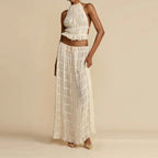 White halter crop top with tiered ruffles and matching maxi skirt set