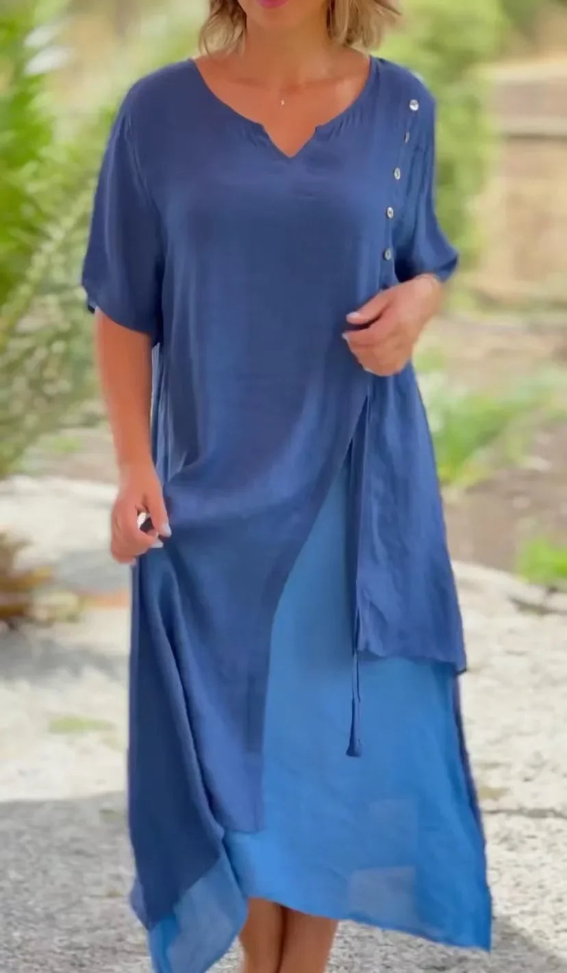 Summer dress, blue V-neck with short dolman sleeves and side tie slit
