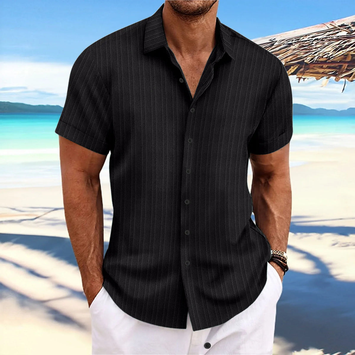 Black pinstripe short-sleeve button-up casual blouse with spread collar