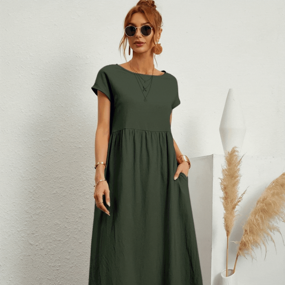 Ruby summer dress in dark green, tiered midi with short sleeves and scoop neckline