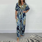 Tropical maxi dress with V-neck and loose fit, blue and yellow leaf print