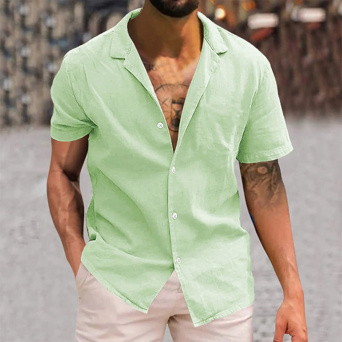 Men's short-sleeve button-up shirt, light green camp collar style