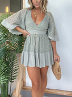 Maru™ summer dress in sage gray, V-neck, tiered short skirt, flared sleeves