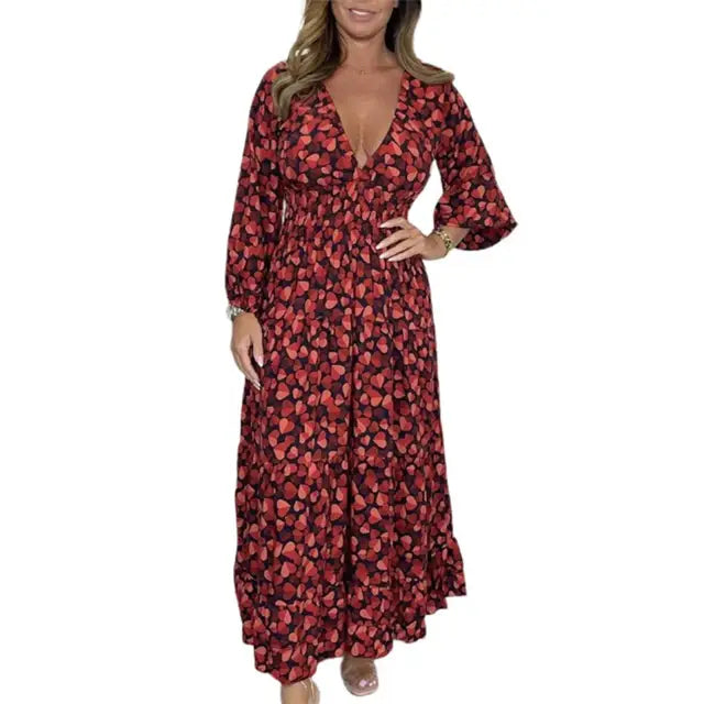Dark red and black leopard print long-sleeve V-neck maxi dress with gathered waist