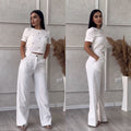 Louisa™ shiny two-piece set in white: embellished cropped top and wide-leg trousers