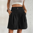 Evelin™ women's black A-line shorts with button front and side pockets