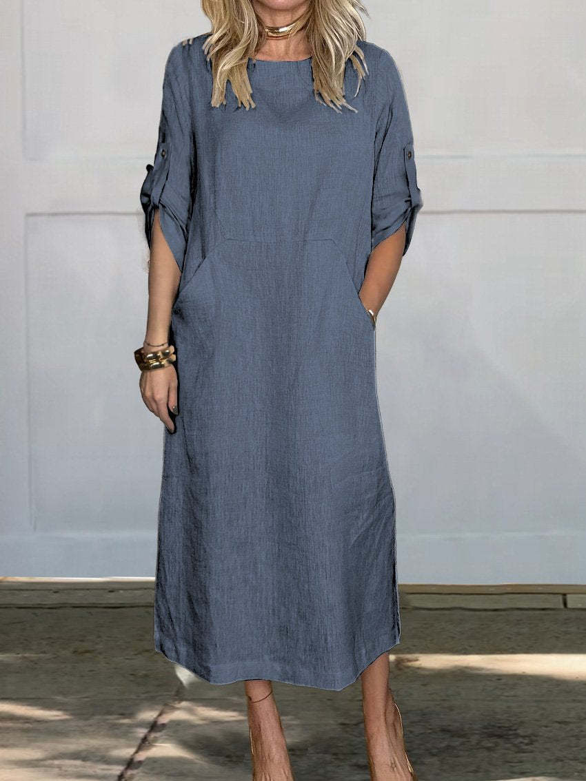 Merel™ summer dress in navy, loose midi length with short sleeves and crew neckline
