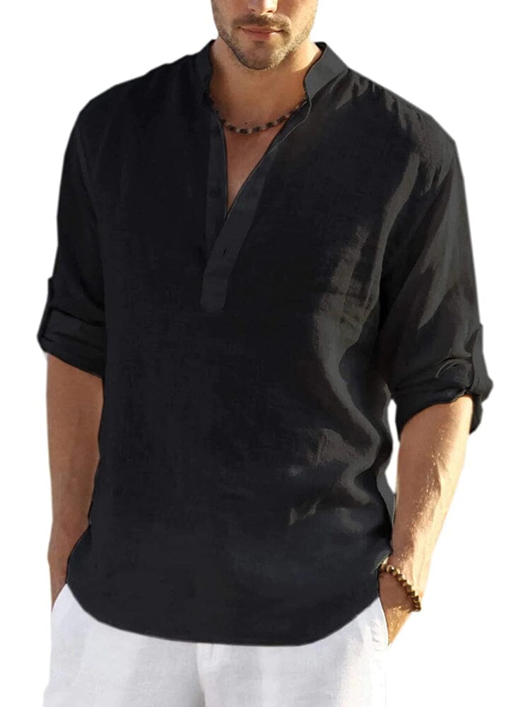 Men's V-neck linen shirt, black, 3/4 sleeves with partial button placket