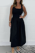 Maru™ Elegante dress, sleeveless square neck, gathered waist, dark midi skirt