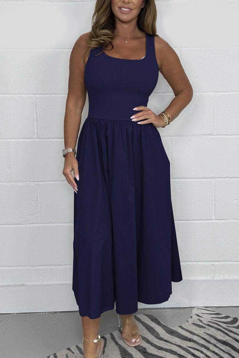 Maru™ Elegante dress, sleeveless square neck, gathered waist, navy midi skirt