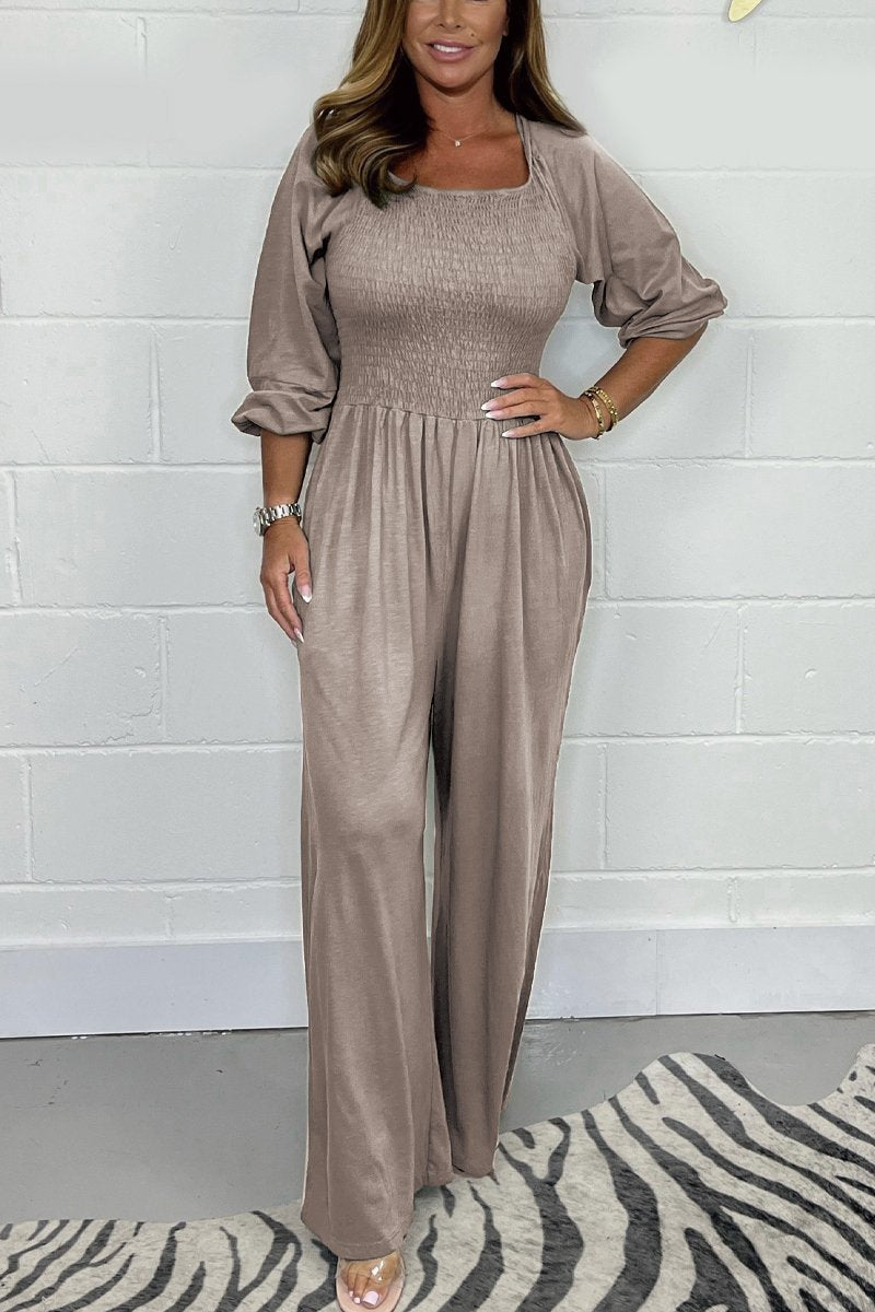 Taupe square-neck jumpsuit set with elbow puff sleeves and wide-leg pants.