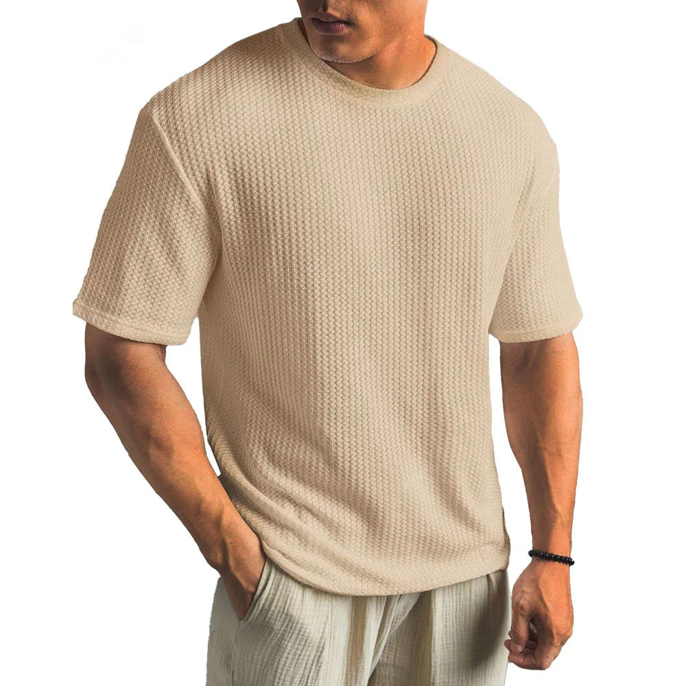 Men's waffle-knit crew-neck t-shirt, light beige, short sleeves