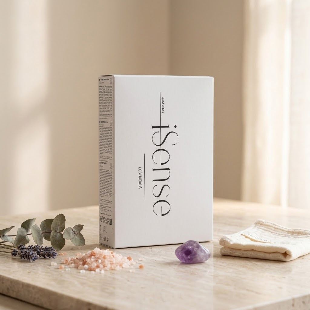 White peptide essentials gift box with front logo, side panel visible
