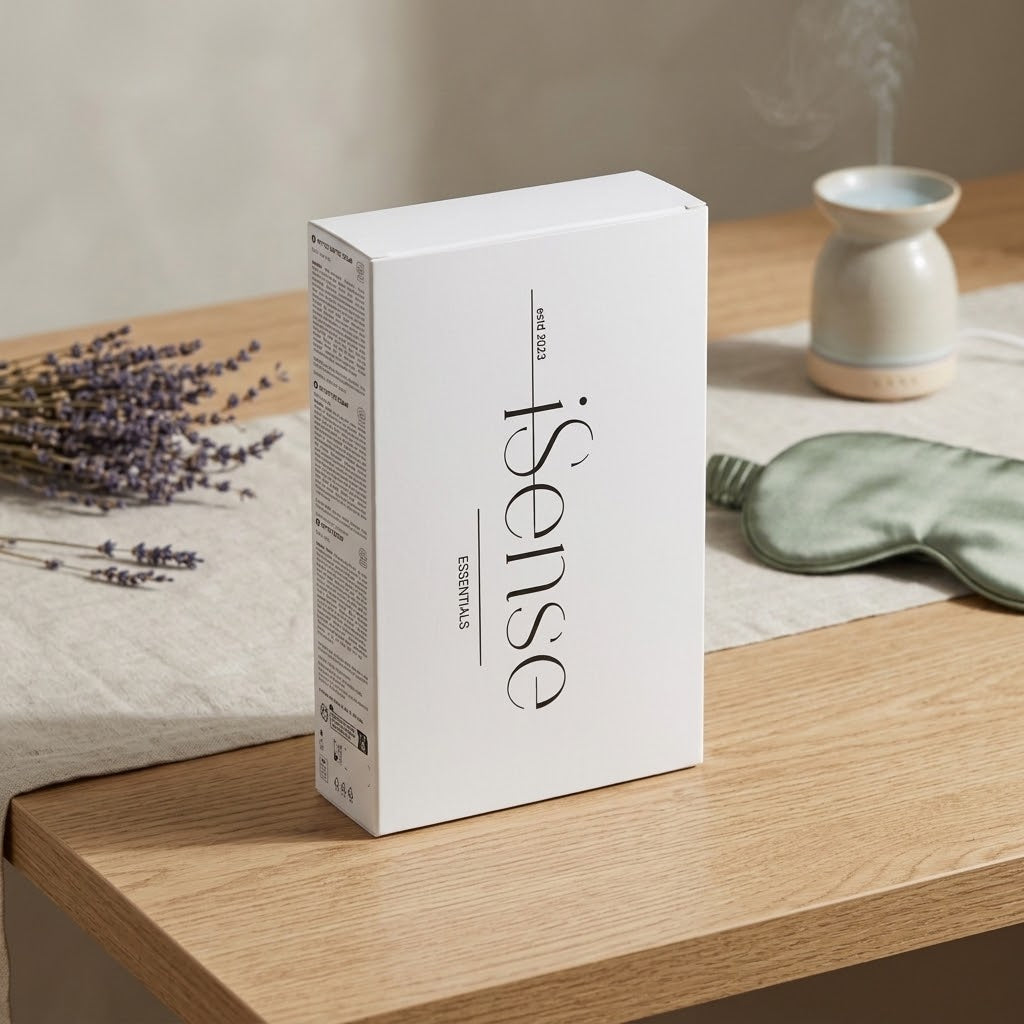 White peptide essentials gift box on a shelf, front logo and side label visible