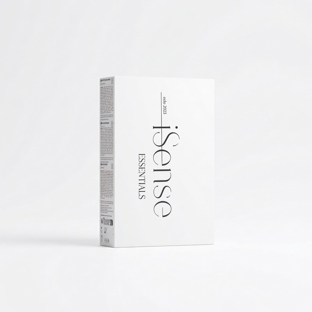 White peptide essentials gift box front view with printed logo and vertical text