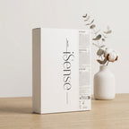 White peptide essentials gift box angled view, side label and front logo visible
