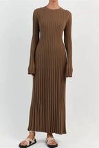 Brown ribbed midi dress with long sleeves and crew neckline