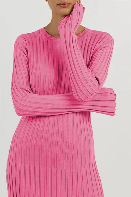 Pink ribbed midi dress with long sleeves and round neckline