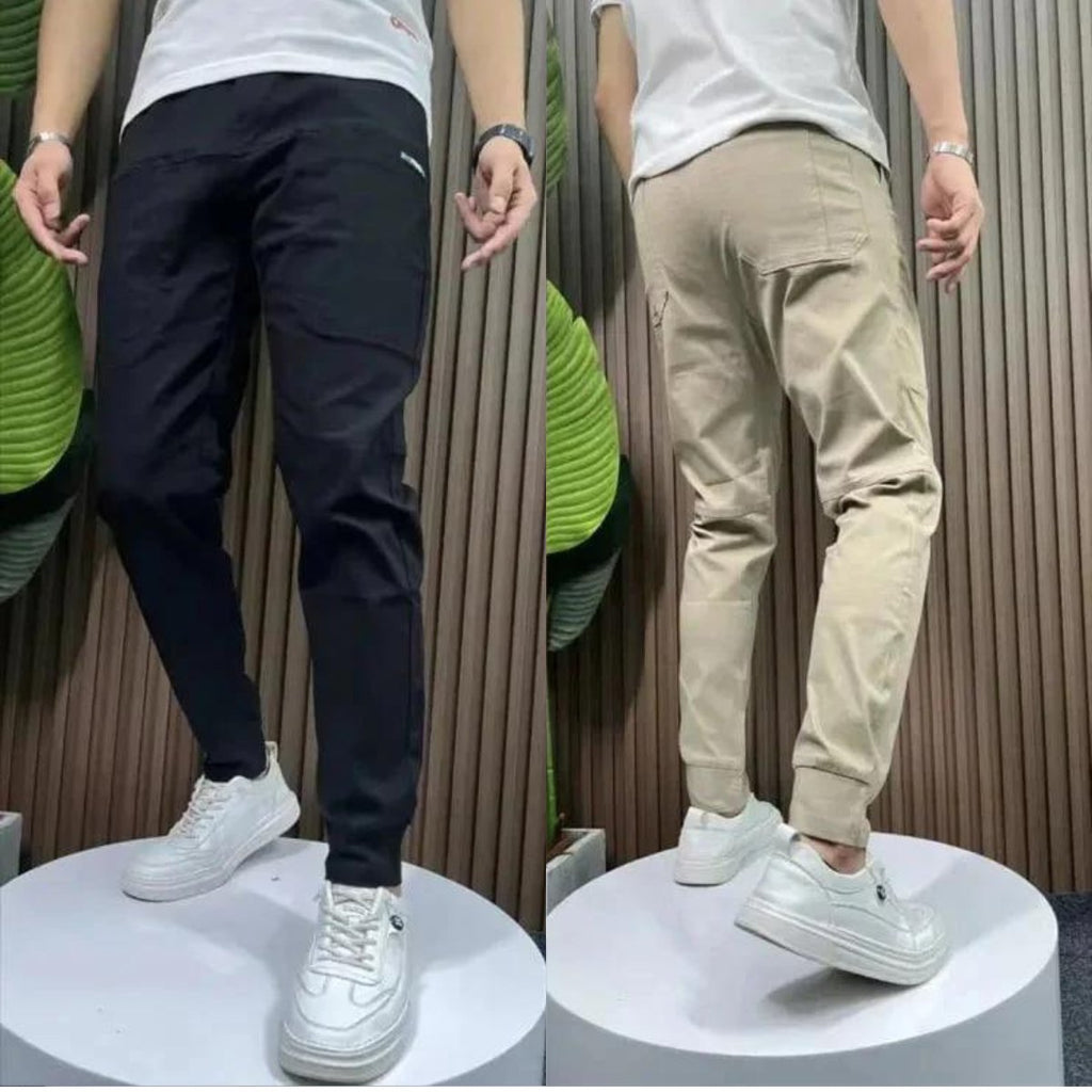 Men's dark navy casual pants with zip fly, tapered legs, side pockets