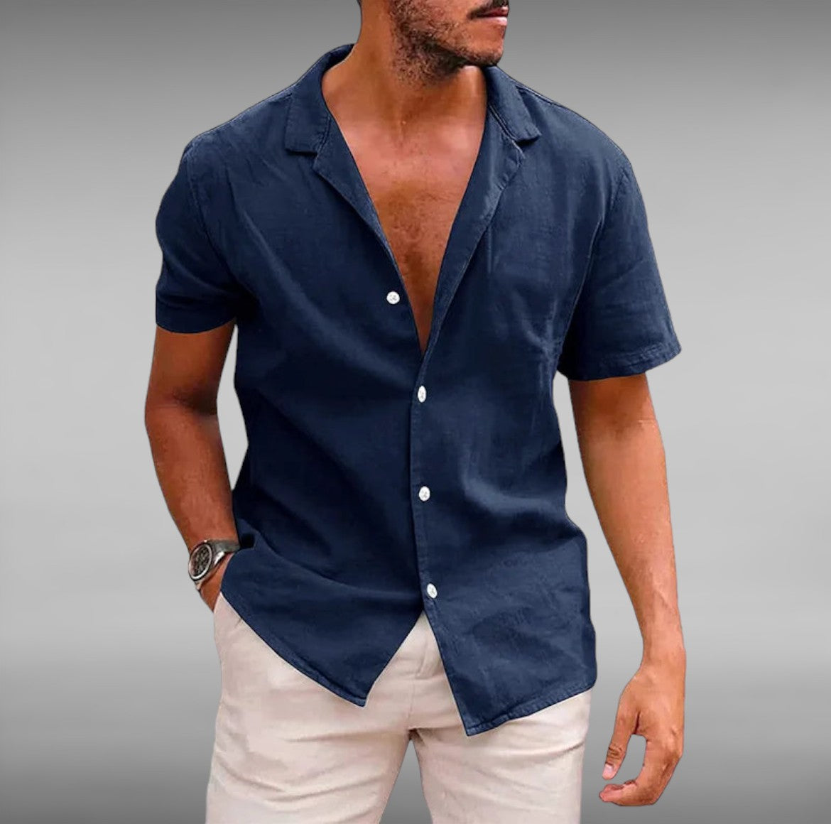 Men's Ruben™ stylish short-sleeve blouse, dark blue, button-front V-neck collar