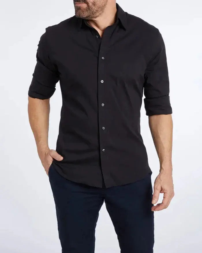 Black zip-front button-up shirt with short sleeves and button placket
