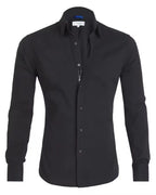 Black stretch zip shirt with point collar, button-front, long sleeves, zipper detail