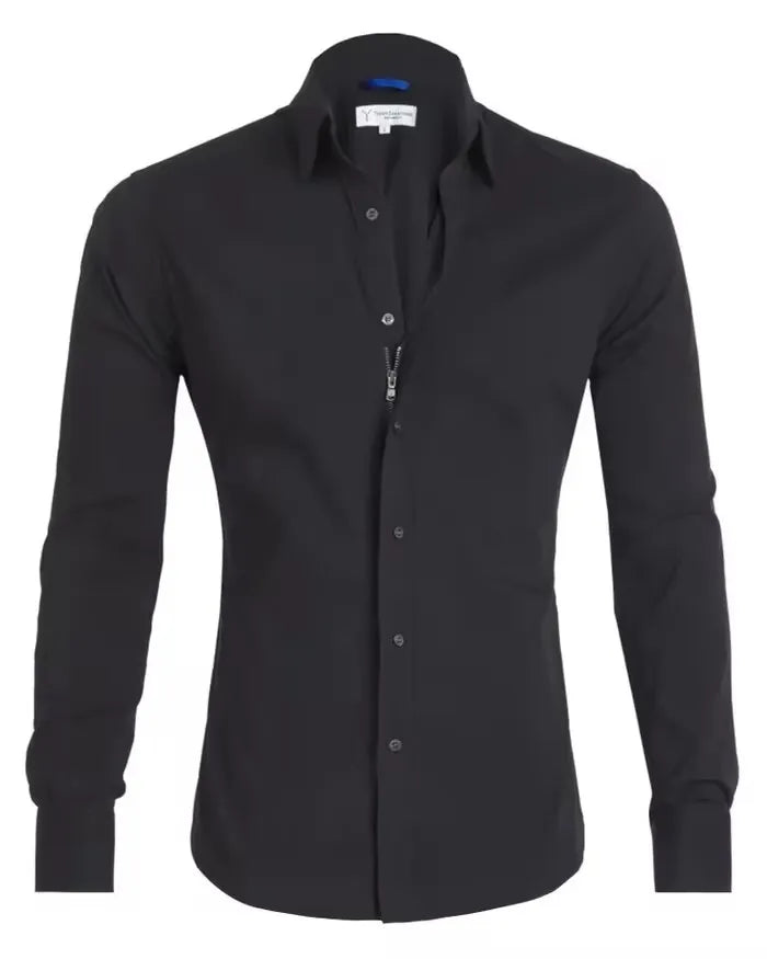 Black stretch zip shirt with point collar, button-front, long sleeves, zipper detail
