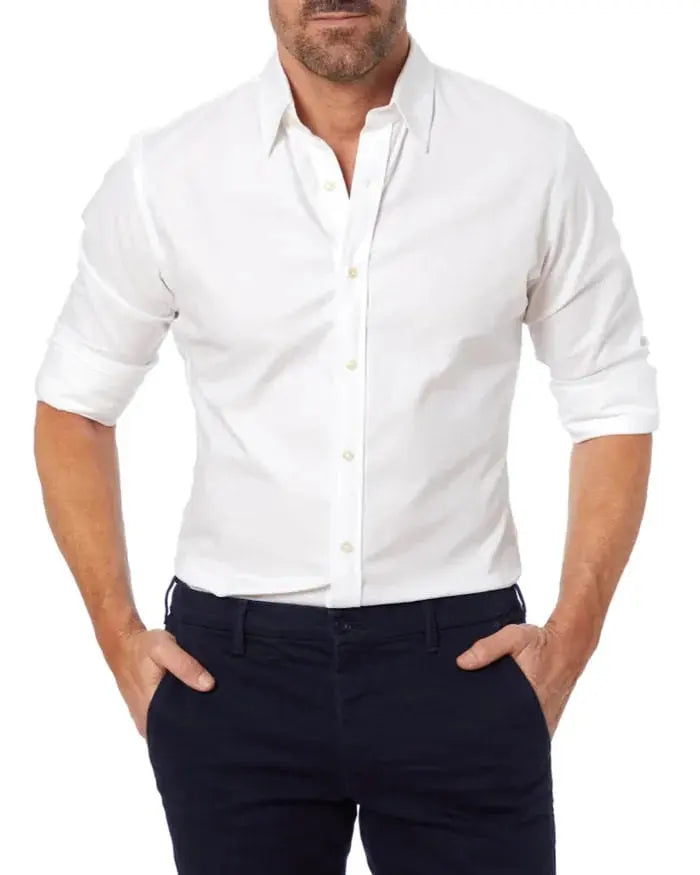 White stretch zip shirt with point collar, button-front, long sleeves on model