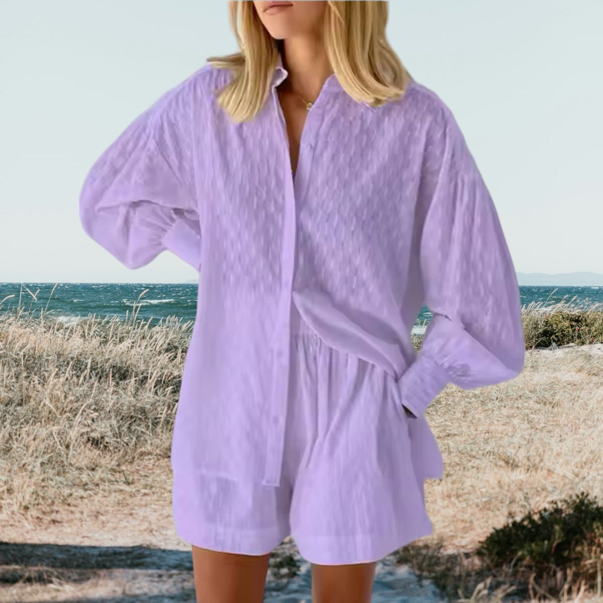 Lavender button-front shirt and drawstring-waist shorts set with puff sleeves