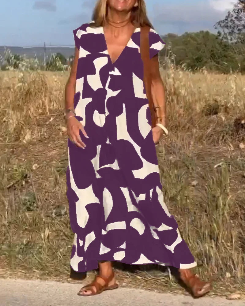 Purple and white printed V-neck cap-sleeve maxi dress