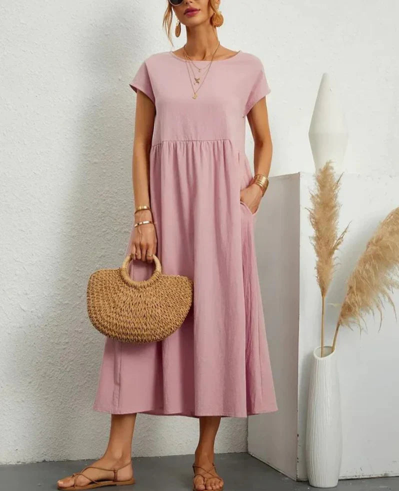 Ruby summer dress in light pink, tiered midi with short sleeves and scoop neckline