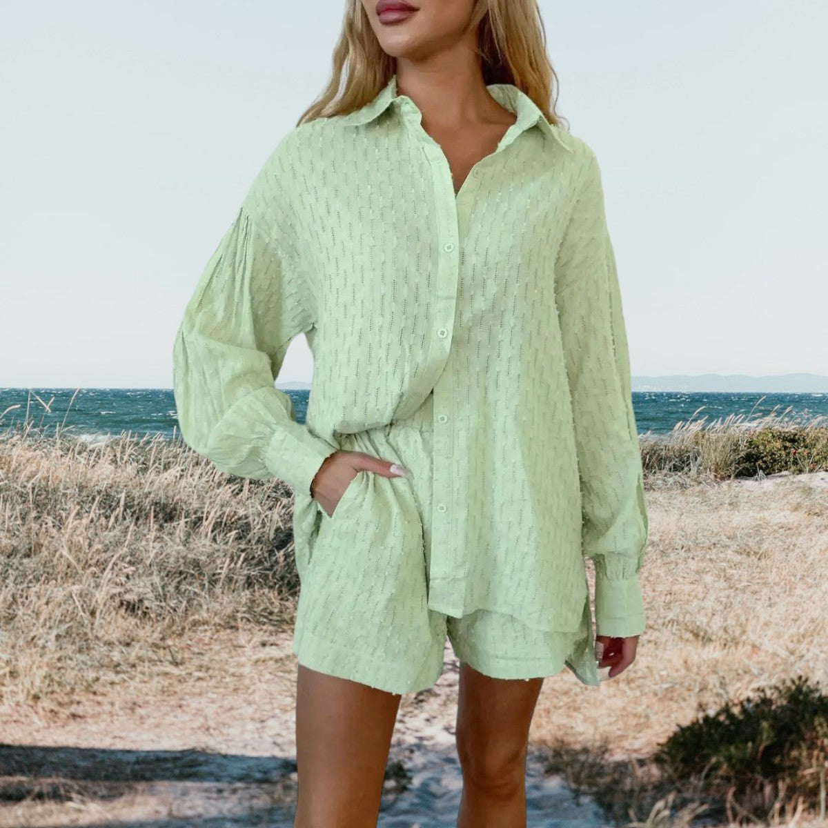 Pale green button-front shirt and drawstring-waist shorts set with puff sleeves
