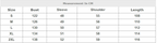 Shirt size chart: bust, sleeve, shoulder, and length in cm (S–2XL)