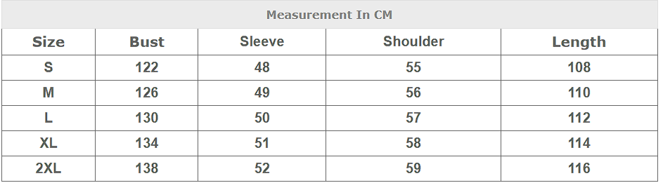 Shirt size chart: bust, sleeve, shoulder, and length in cm (S–2XL)