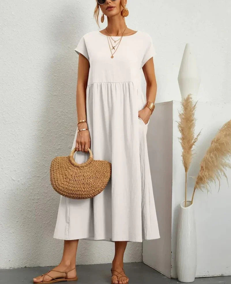 Ruby summer dress in white, tiered midi with short sleeves and scoop neckline