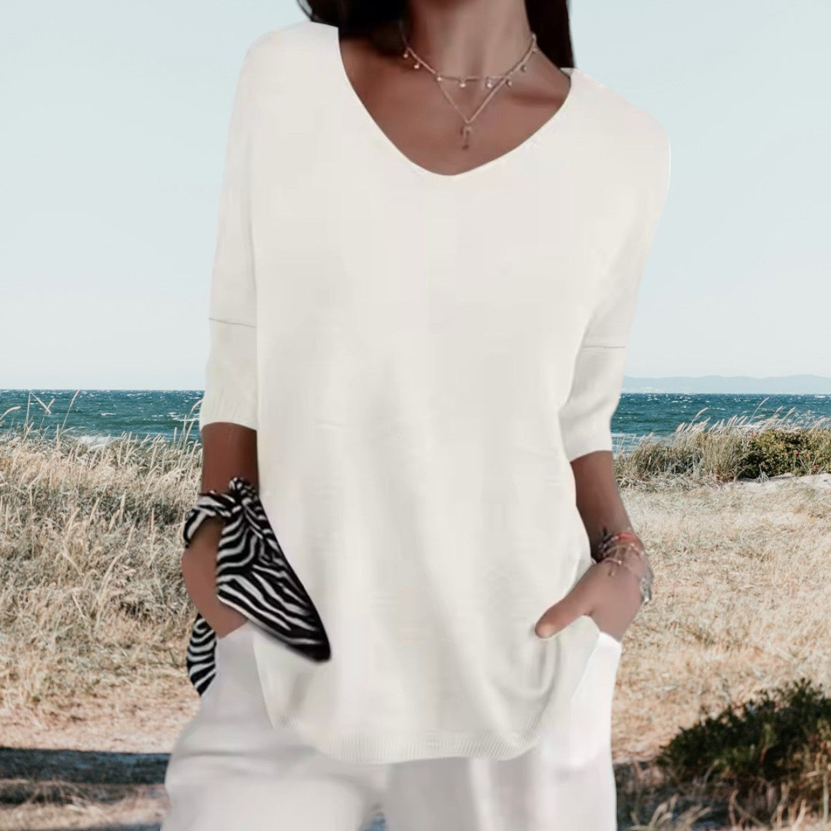 Gerda™ summer V-neck top, white knit pullover with 3/4 sleeves