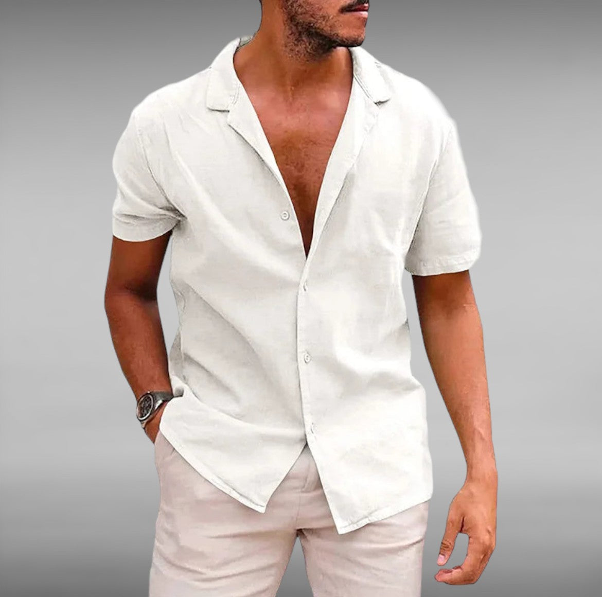 Men's Ruben™ stylish short-sleeve blouse, white, button-front V-neck collar