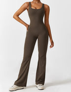 Brown sleeveless flared jumpsuit with long wide flared legs