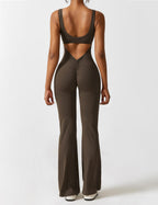Brown open-back flared jumpsuit with ruched V-back