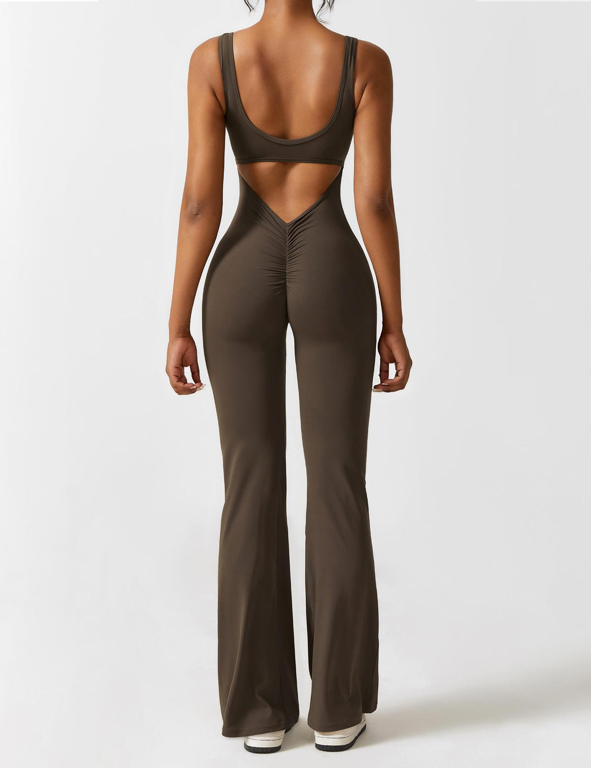 Brown open-back flared jumpsuit with ruched V-back