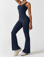 Navy sleeveless flared jumpsuit with straight, wide-leg fit