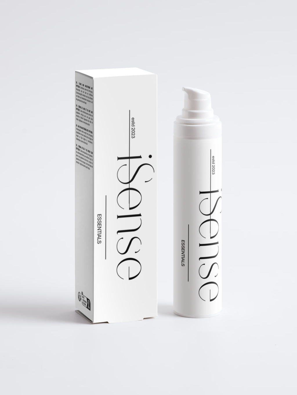 Anti-age peptide gift box with white pump bottle, front logo and side text