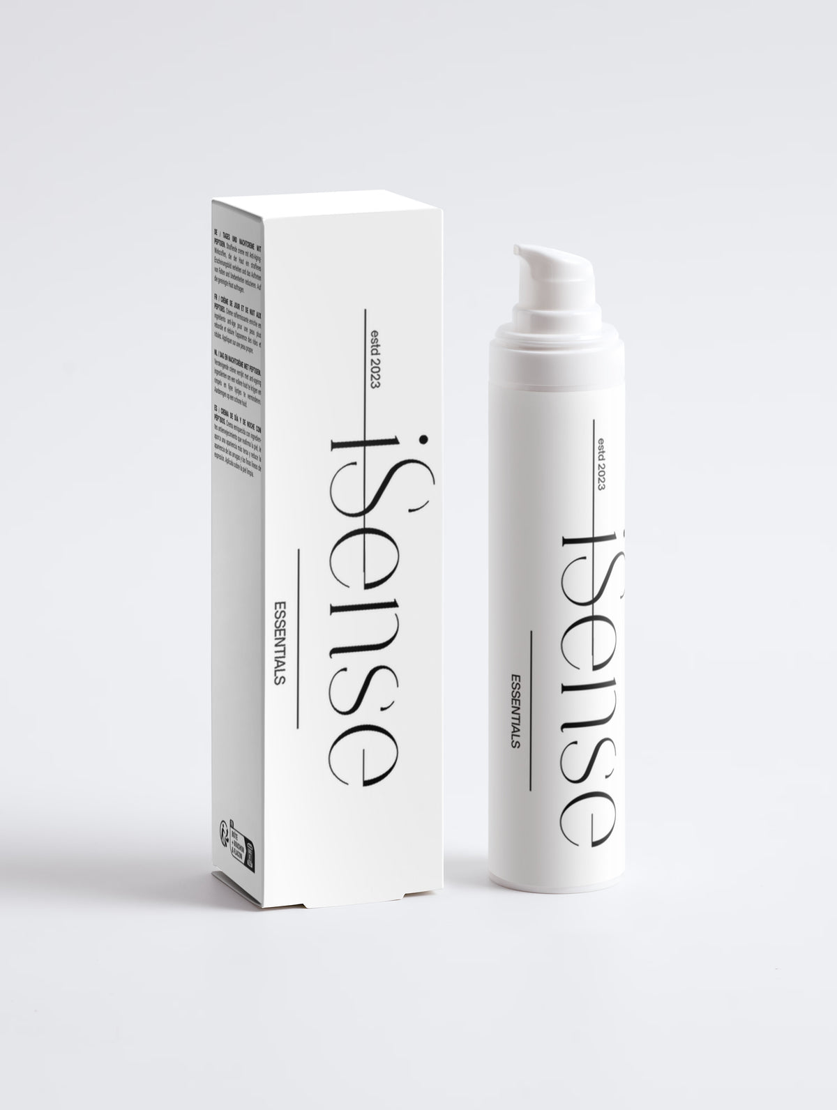 Anti-age peptide gift box with white pump bottle, front logo and side text