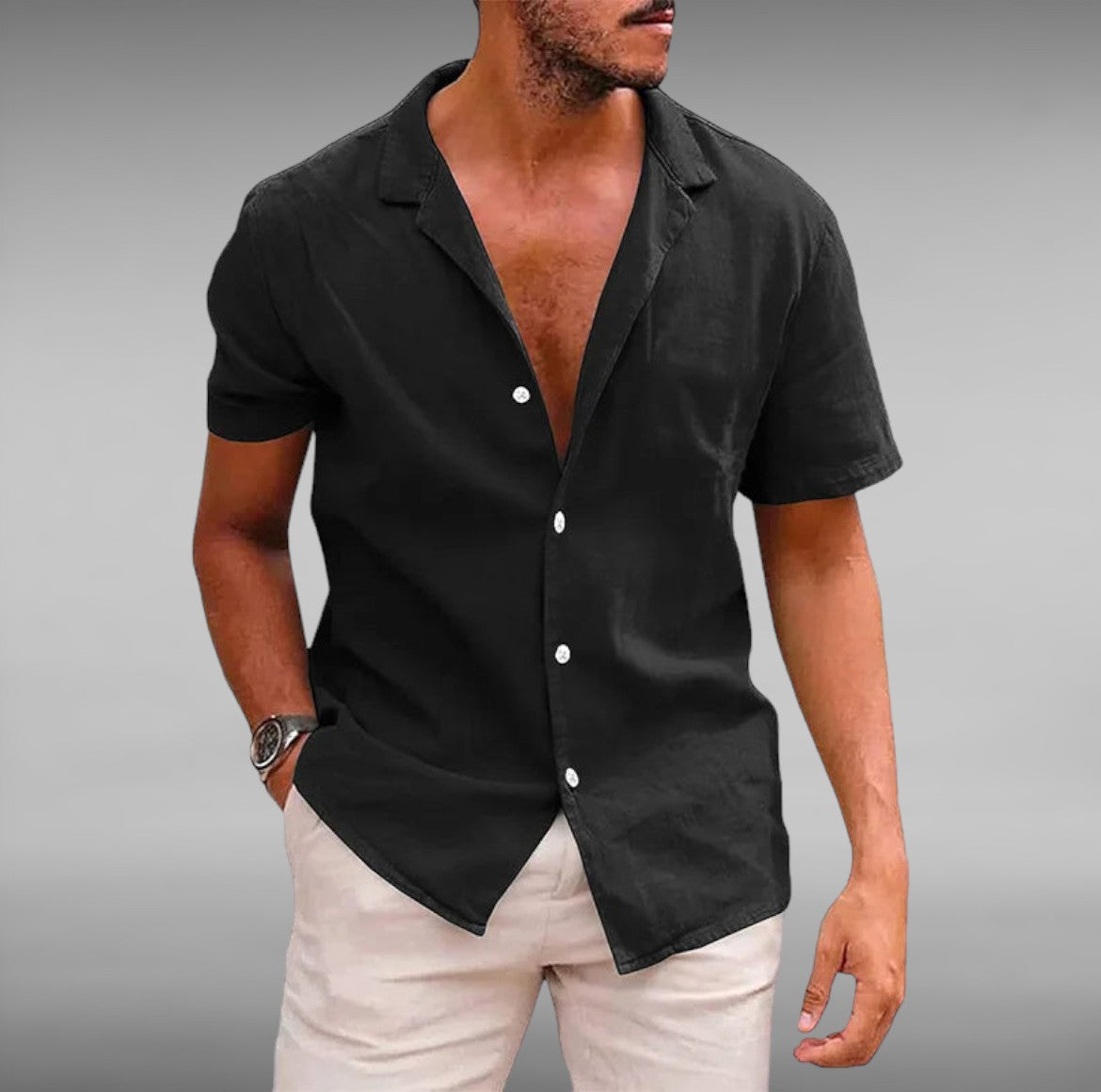 Men's Ruben™ stylish short-sleeve blouse, black, button-front V-neck collar